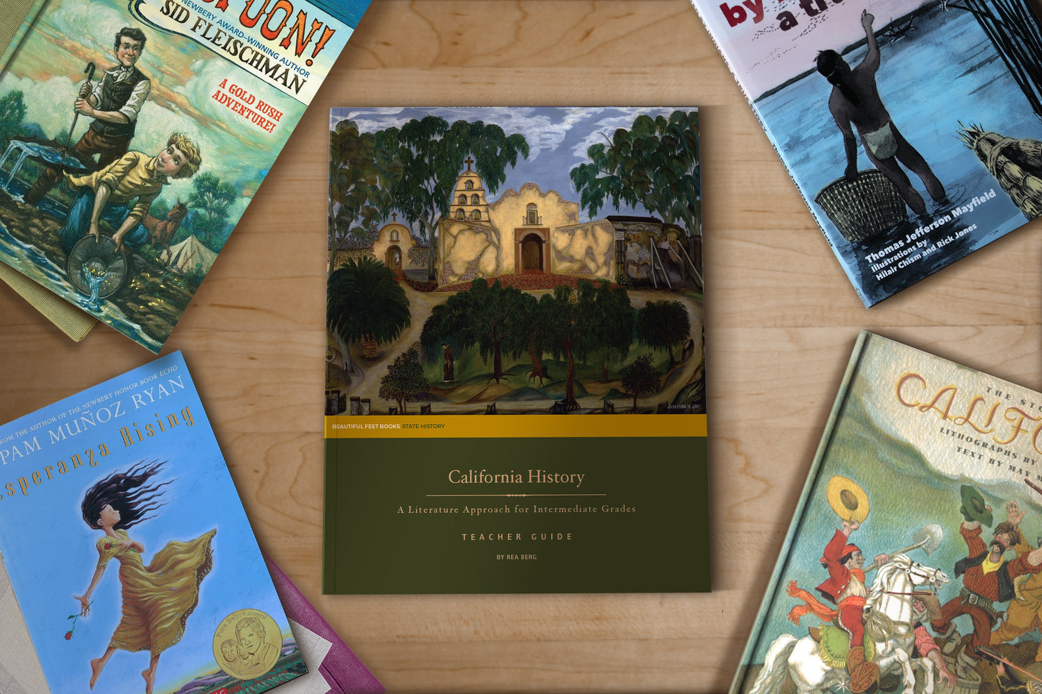 California History homeschool curriculum pack for 4th, 5th, 6th grade students by Beautiful Feet Books — Teacher Guide, study books, picture books, and student materials including California map, timeline, and narration notebook workbook