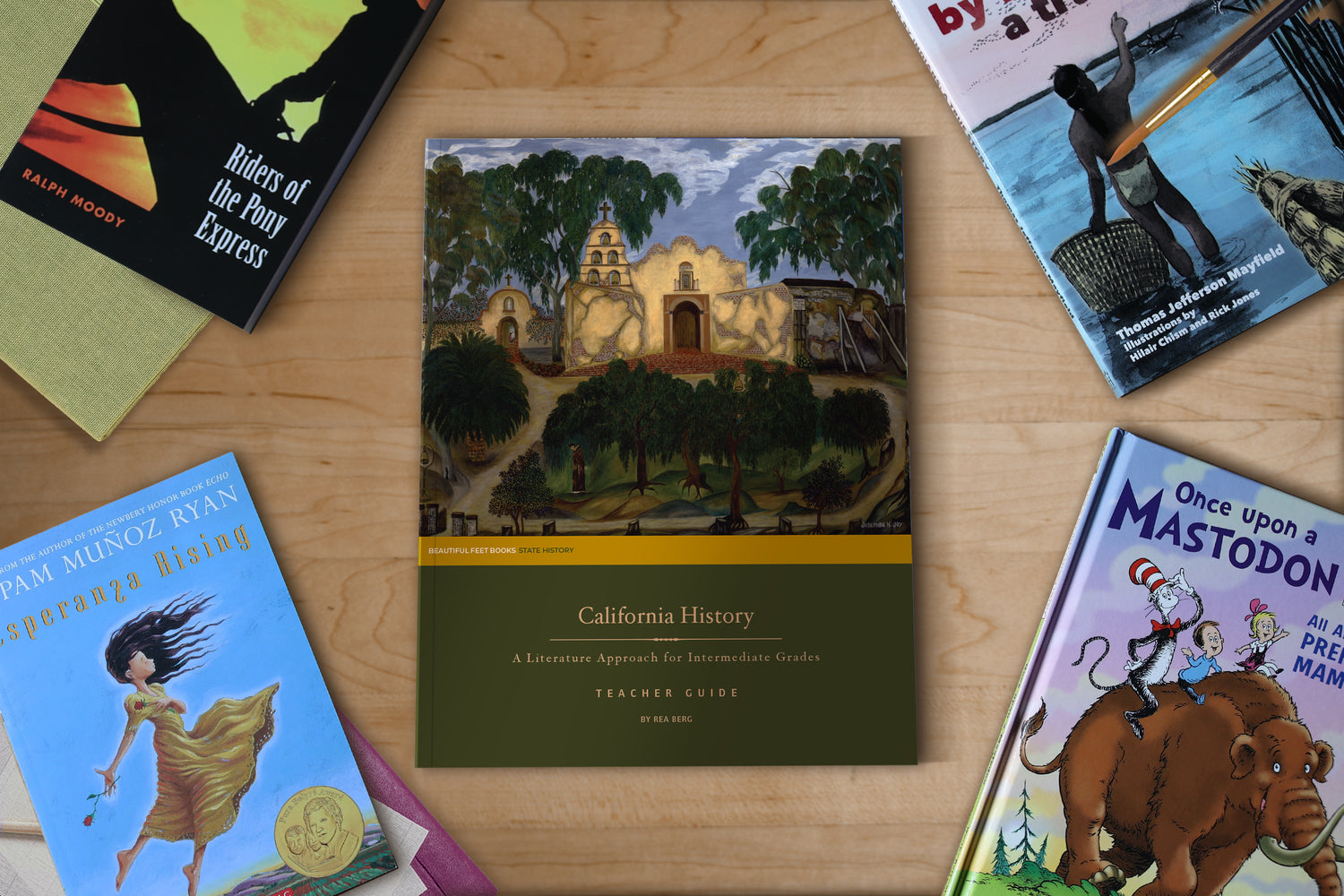 California History homeschool curriculum pack for 4th, 5th, 6th grade students by Beautiful Feet Books — Teacher Guide, study books, picture books, and student materials including California map, timeline, and narration notebook workbook