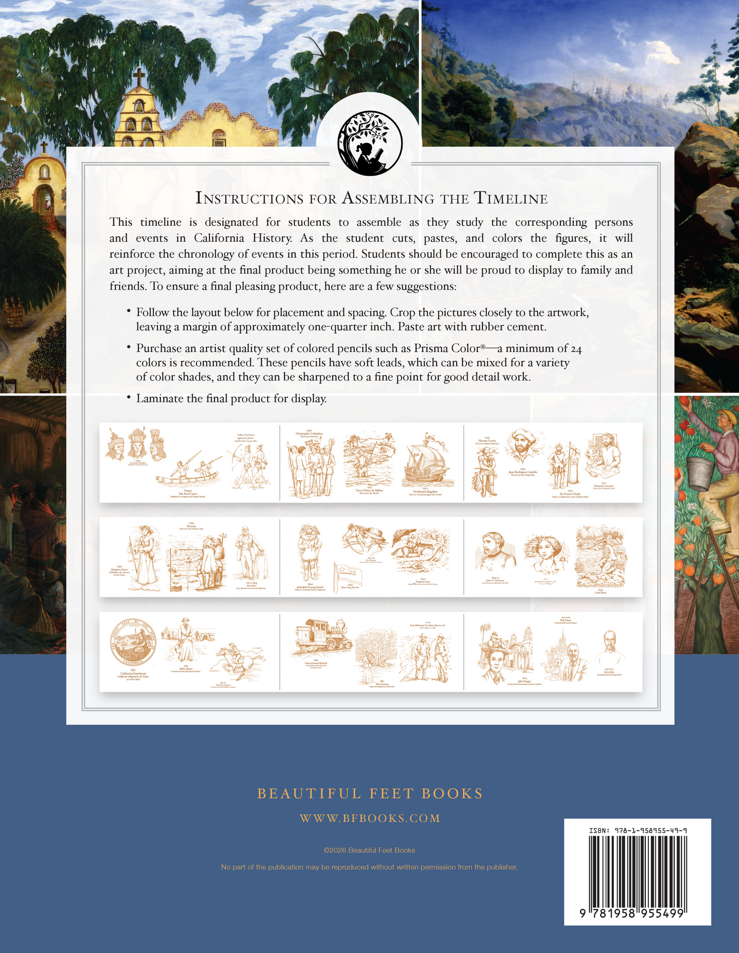 California History timeline for 4th, 5th, 6th grade homeschool students by Beautiful Feet Books — 29 illustrated events from Native American tribes to modern California, printed on heavy-duty cardstock