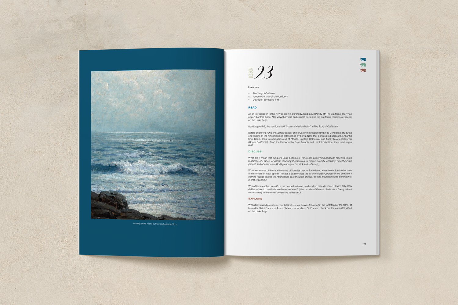 Preview samples of the inside pages of the Teacher Guide book for California History homeschool curriculum pack for 4th, 5th, 6th grade students by Beautiful Feet Books