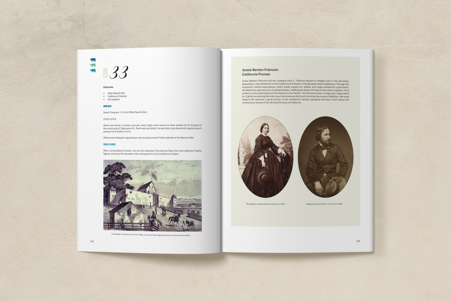 Preview samples of the inside pages of the Teacher Guide book for California History homeschool curriculum pack for 4th, 5th, 6th grade students by Beautiful Feet Books